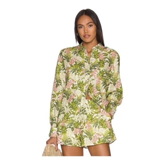 NEW Cami NYC Belkis Blouse Button Up Linen Shirt Green Floral Tropics - Picture 1 of 8